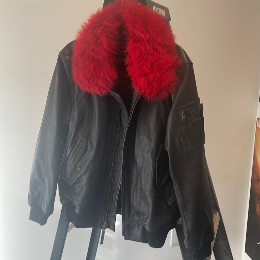 Brown leather bomber